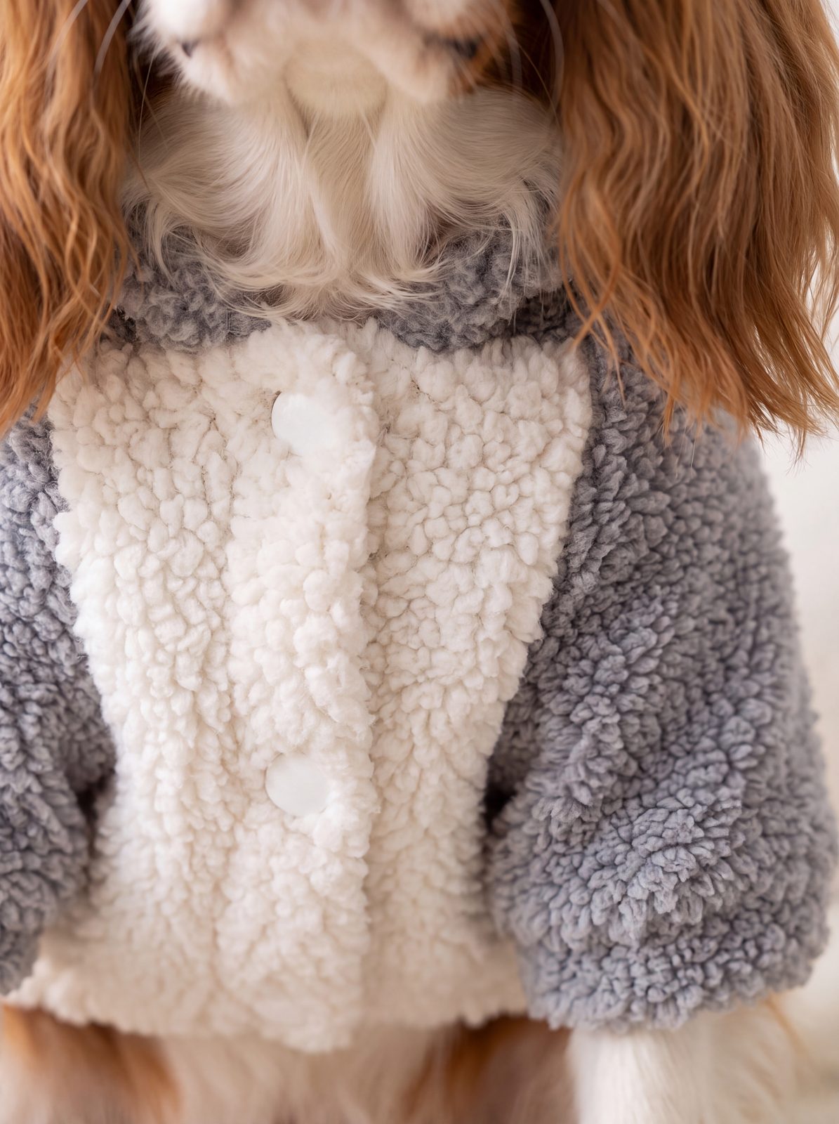 Gros plan sur les boutons-pression blancs du sweat à capuche teddy pour chien