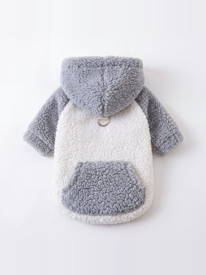 Sweat à capuche chien teddy gris et crème, vue de dos avec poche et anneau pour laisse à plat