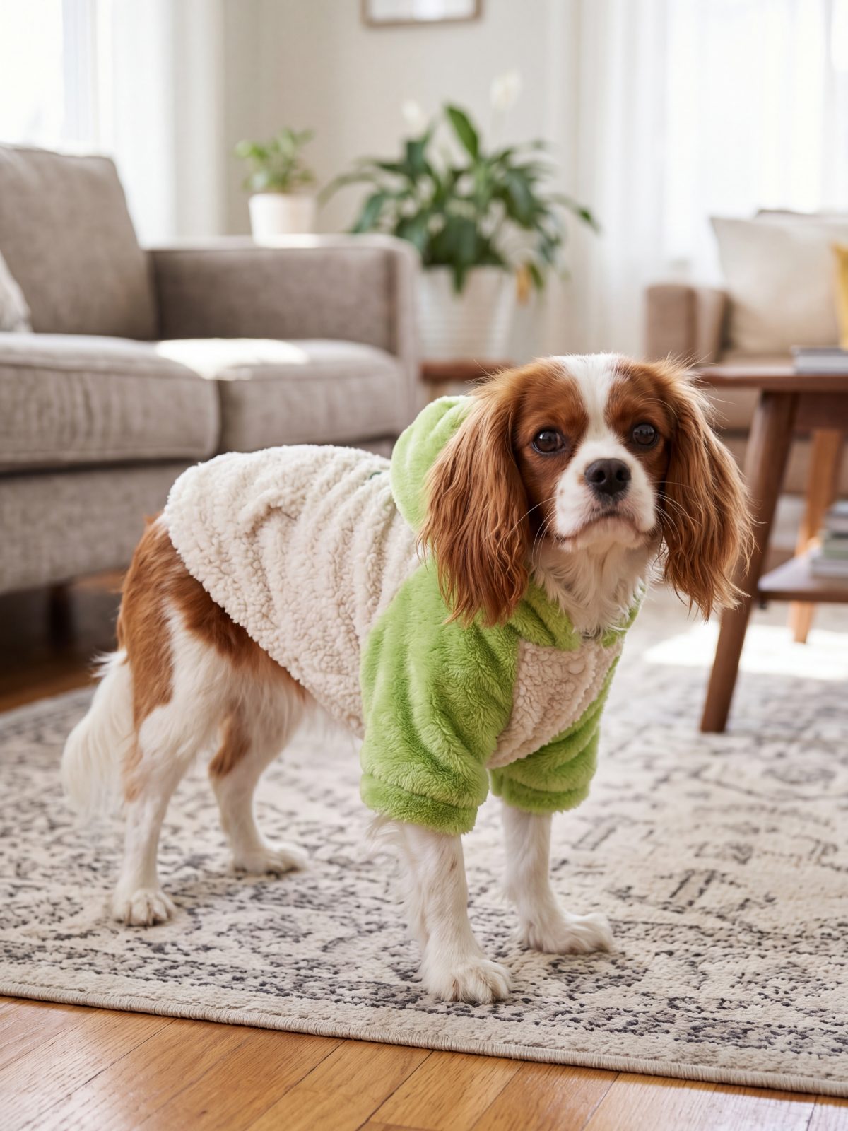 Sweat à capuche chien teddy sherpa vert et crème vu de trois-quarts sur un Cavalier King Charles