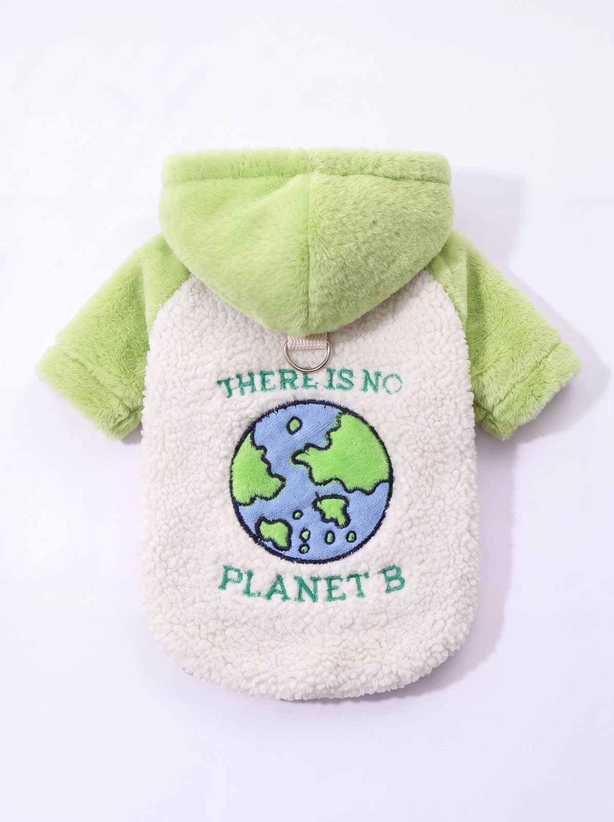 Dos du sweat à capuche chien teddy sherpa à plat avec broderie planète There is no Planet B et anneau