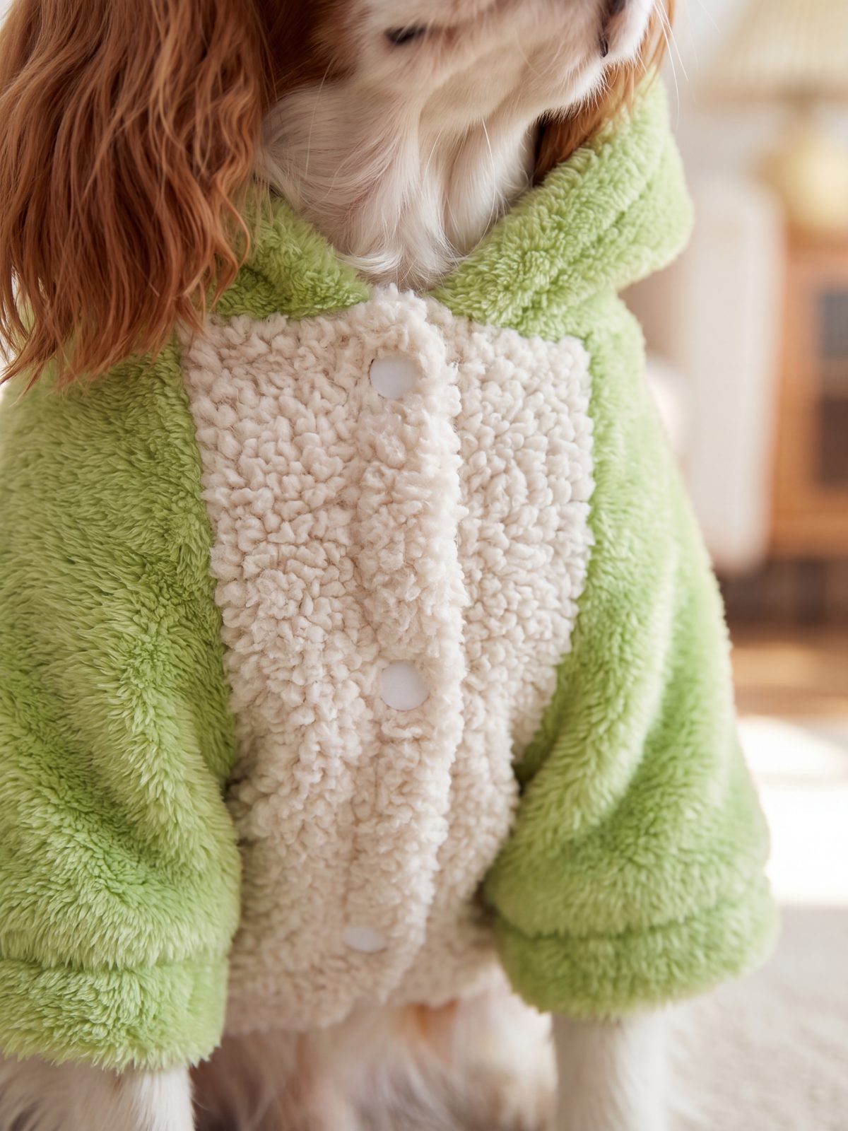 Gros plan sur les boutons-pression du sweat à capuche chien teddy sherpa