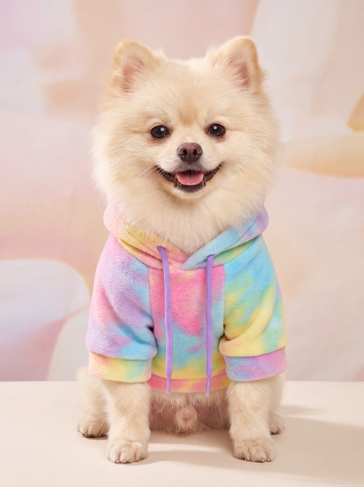 Spitz nain assis face caméra dans un sweat à capuche chien tie-dye pastel
