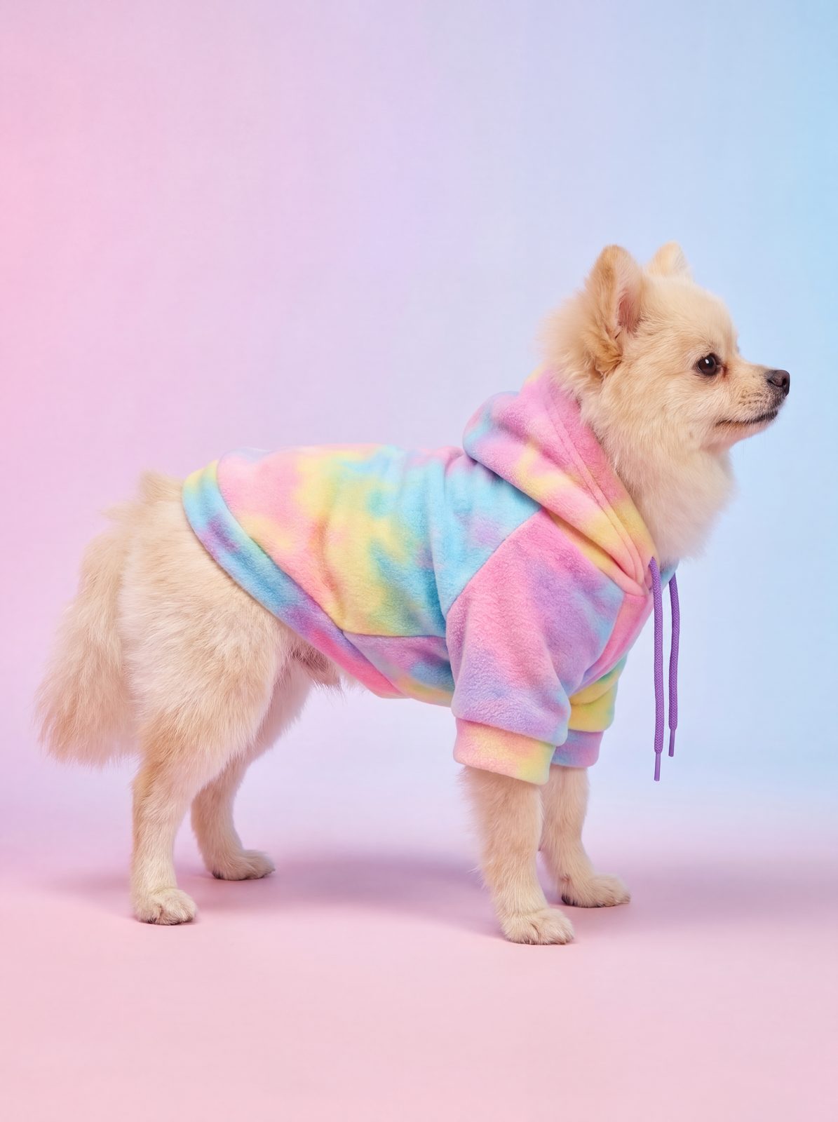 Spitz nain de profil dans un sweat à capuche chien tie-dye pastel sur fond rose et bleu