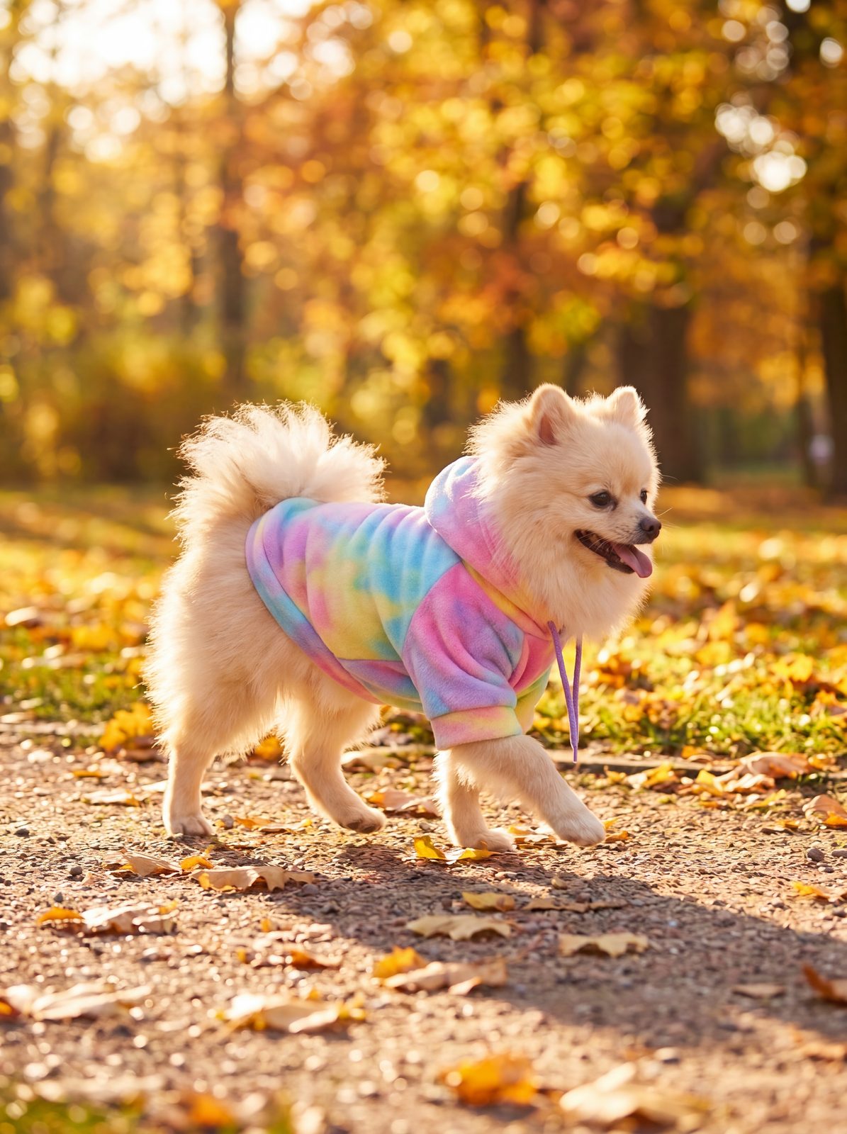 Spitz nain qui trotte en automne dans un sweat à capuche chien tie-dye pastel