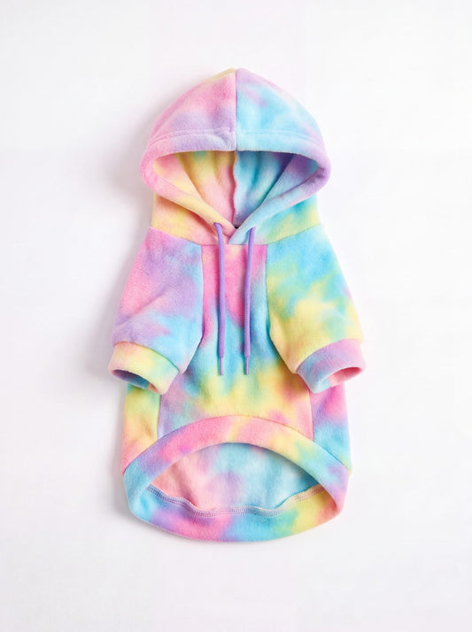 Sweat à capuche chien tie-dye pastel en polaire douce posé à plat, vue de face