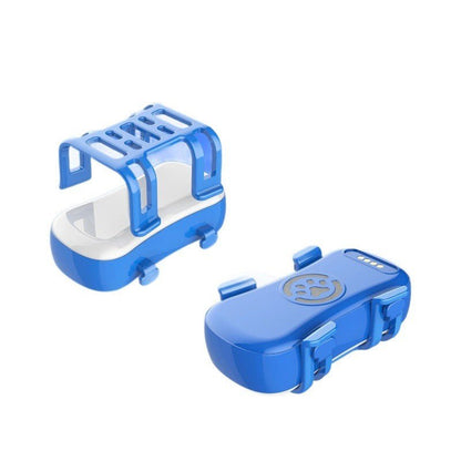 Traceur GPS chien sans abonnement, photo produit du boîtier bleu et de son support en silicone