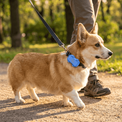 Corgi en promenade en laisse portant le traceur GPS chien sans abonnement sur son collier