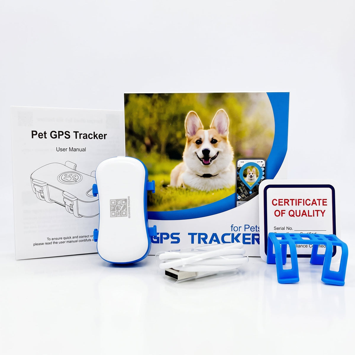 Traceur GPS chien sans abonnement avec sa boîte, son manuel et son certificat de qualité